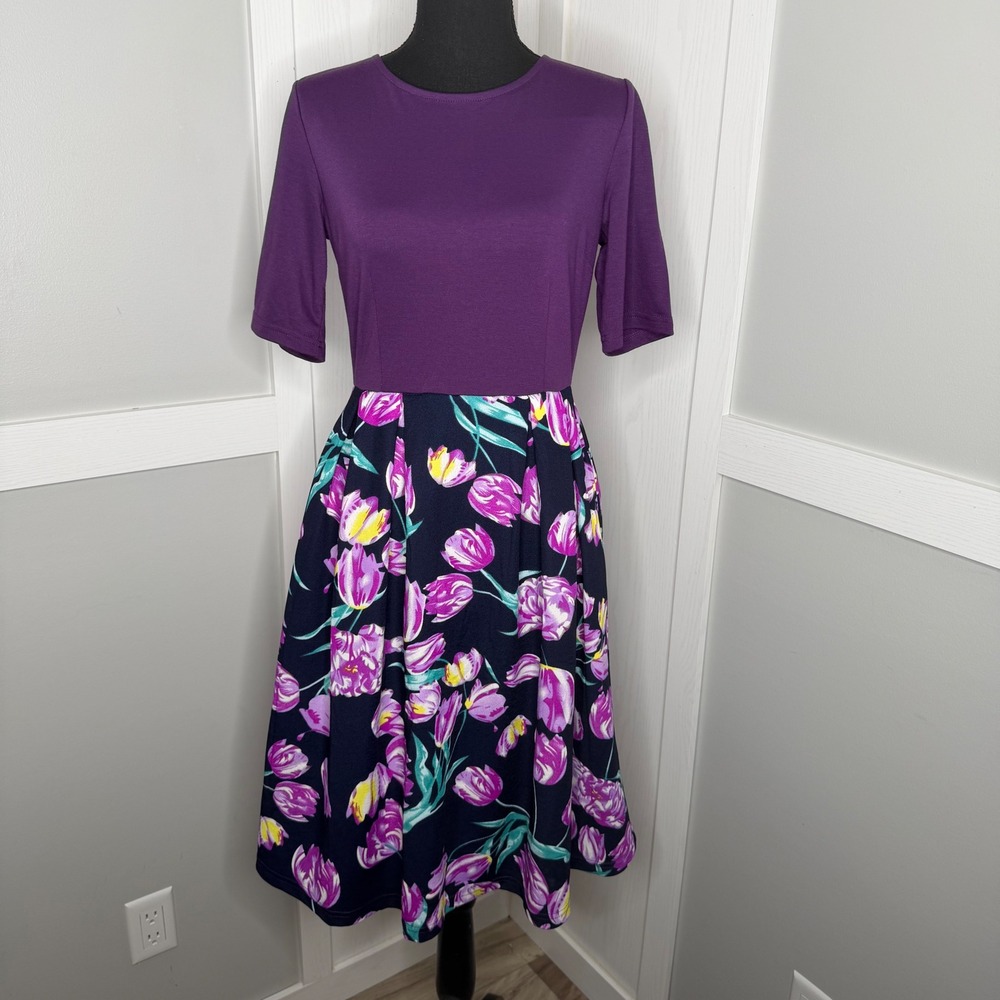 Oxiuly Fashion Midi Dress Womens Medium Purple Floral Tulip Pockets Stretch